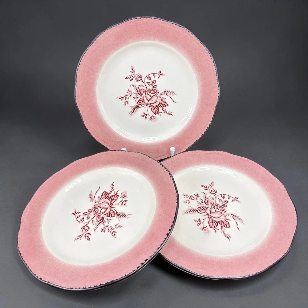 Wood & Sons England Pink Rose Floral Dishes Plates Set 3 Scalloped Edge 8 inch‎